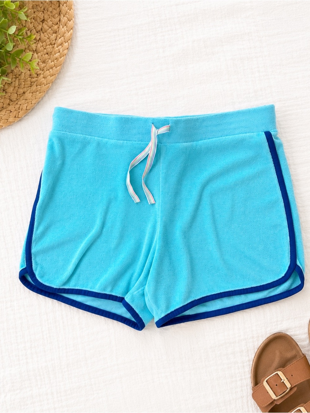 Lands' End Aqua Terry Shorts with Navy Trim